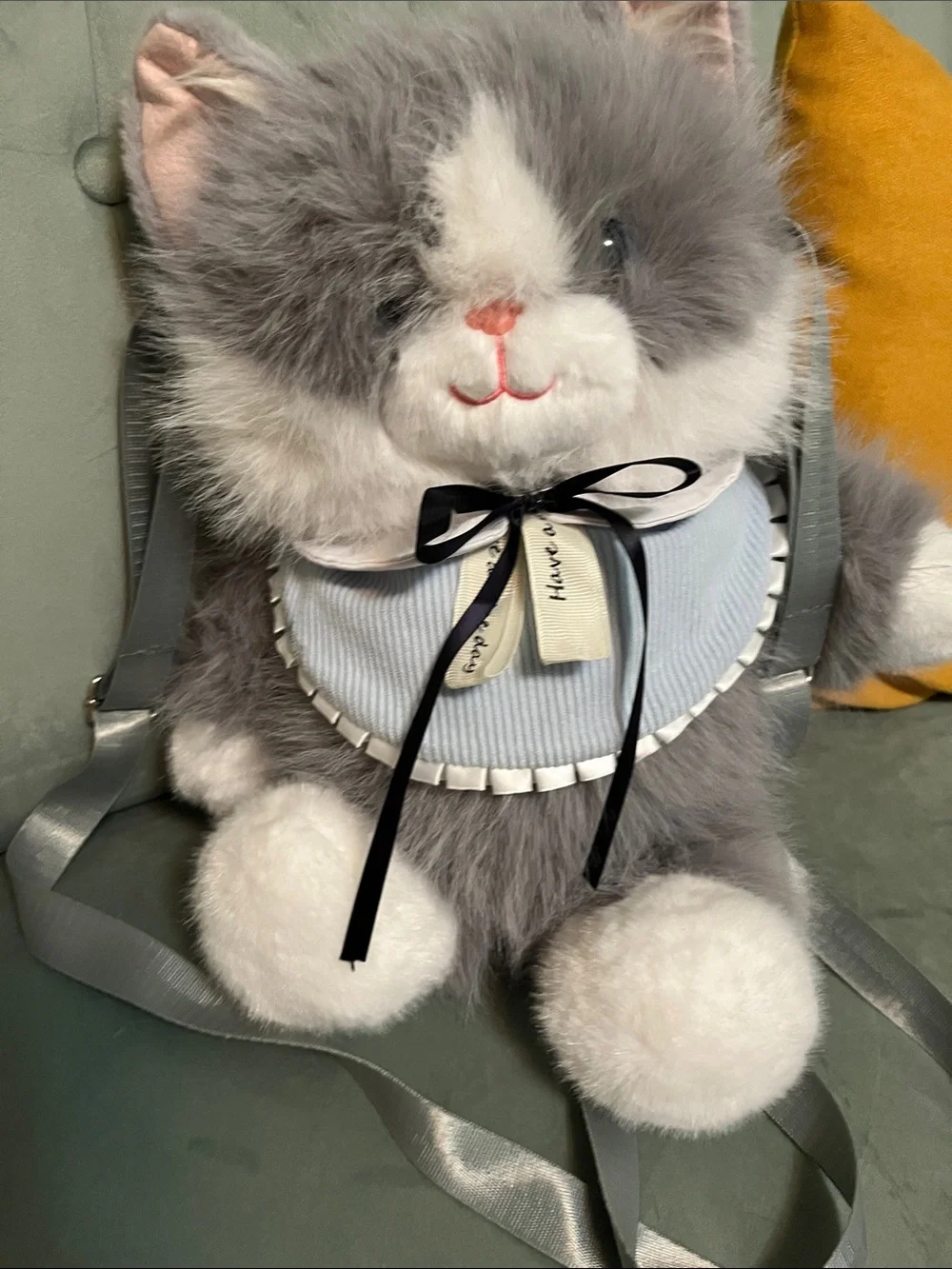 NEW Tik Tok Famous Plush Cat Backpack with Light Blue Bib Unisex
